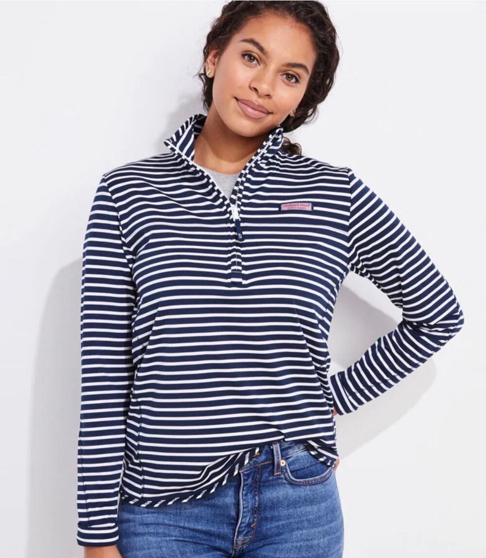 Vineyard Vines Women's Sankaty Shep Shirt Striped 1/4 Zip Navy XXL Coastal